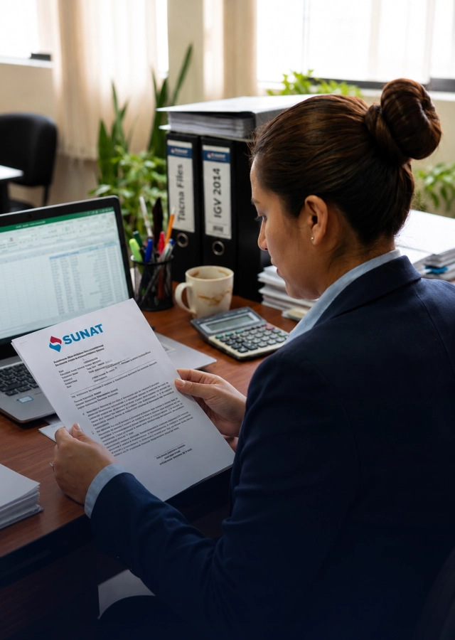 Profesional de auditoría tributaria revisando documentación de fiscalización SUNAT